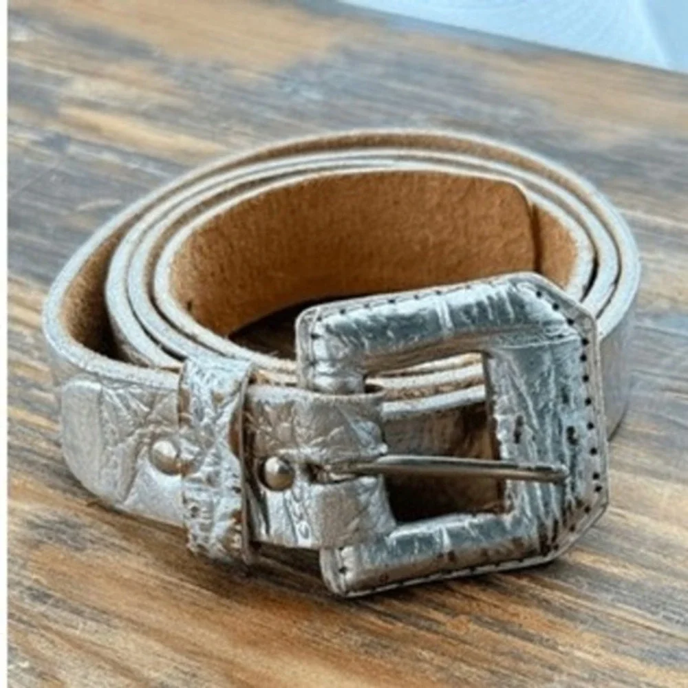 80s 90s Vintage Silver Croc Embossed‎ Leather Belt Women's Large Western